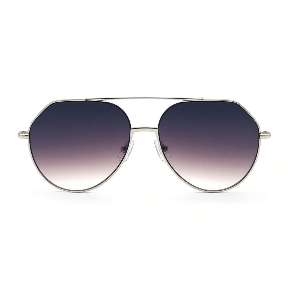 Mens Silver Geometric Modern Sunglasses Black Lens Double Bridge Fashion Retro